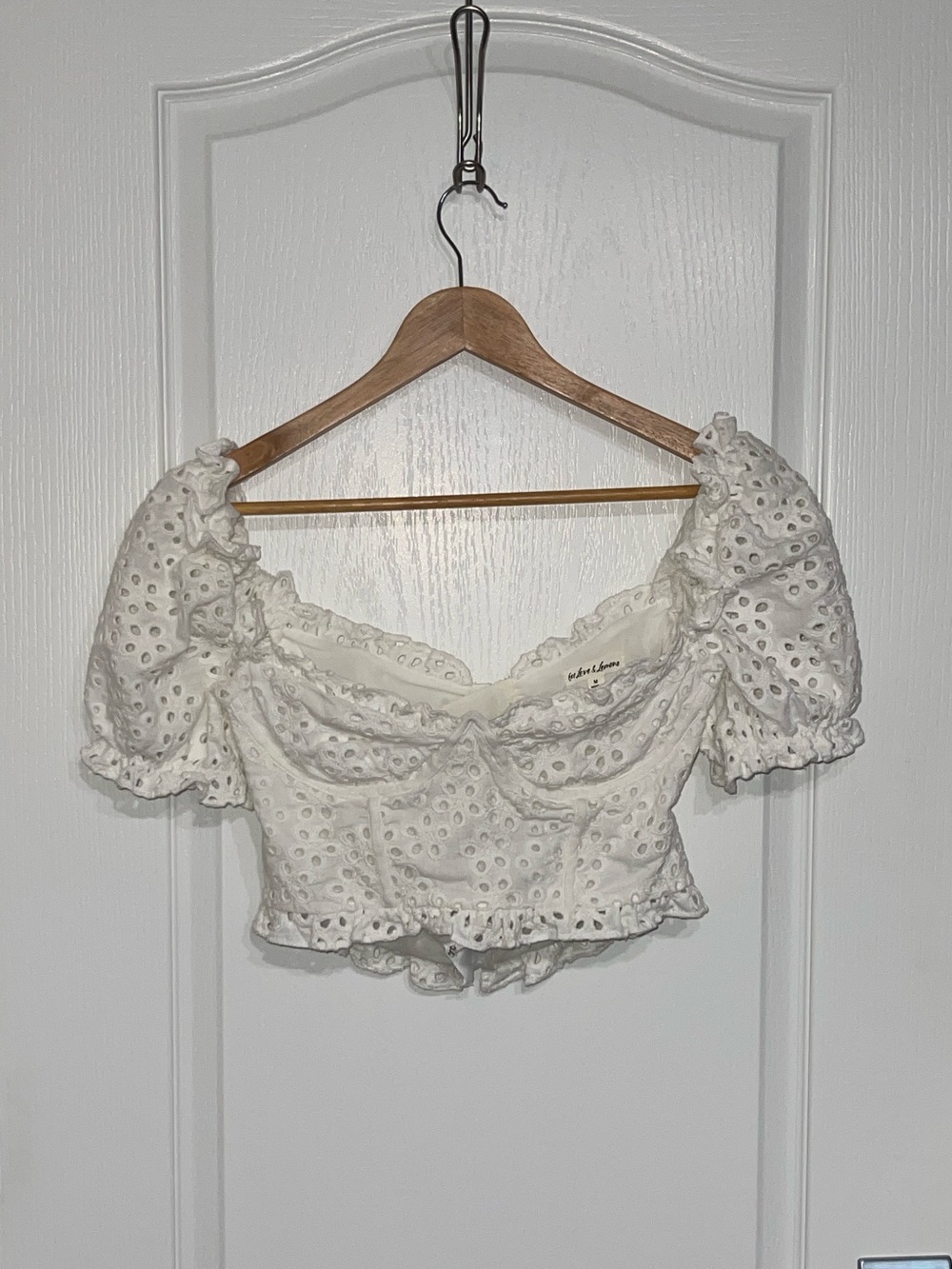 FOR LOVE & LEMONS White Eyelet Puff Sleeve Crop Top Lace Pouf Shoulder Medium - Picture 4 of 8